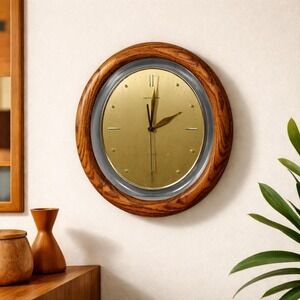 Heirloom Quartz Oval Wall Clock Oak Wood Frame Gold Mid Century Modern MCM